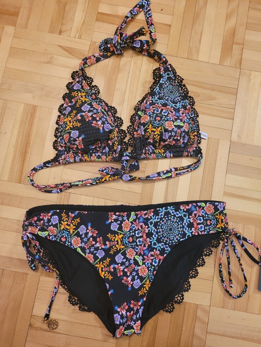 Luli Fama Halter Bikini 2 Piece Set In Black Floral Multicolor Mandala - Size L